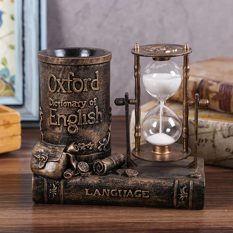 Wrought Iron Vintage Old Tower Ornaments Creative Crystal Ball Hourglass Resin Crafts Study Entrance Decoration Accompanying Gif