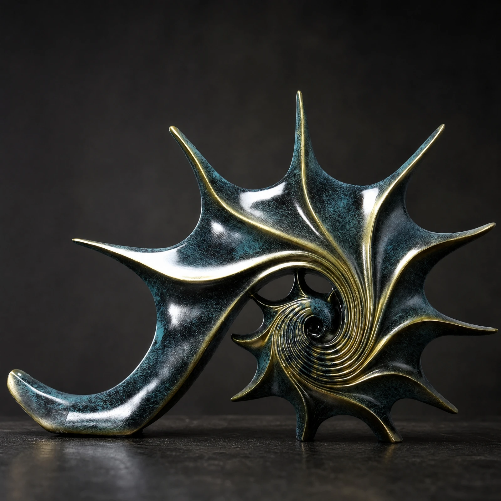 Abstract Conch Shell Sculpture Blue Abstract Conch Sculpture Spiral Shell Statue with Gold Accent Lines Polyresin Glossy