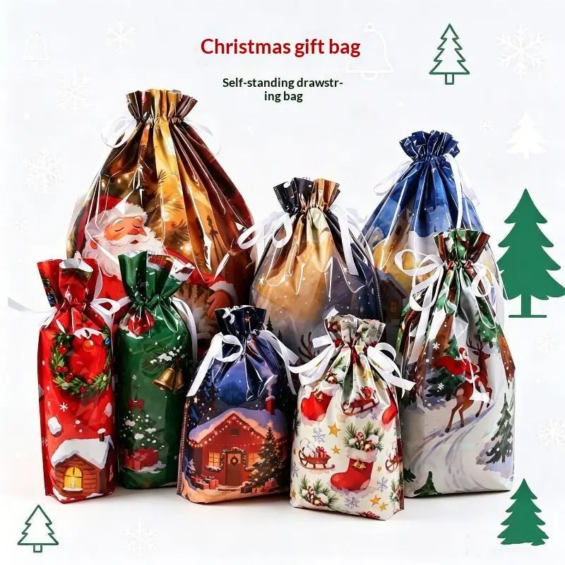 Christmas Drawstring Gift Bags With Assorted Festive Patterns Self Standing Design For Holiday Wrapping Christmas Party Supplies