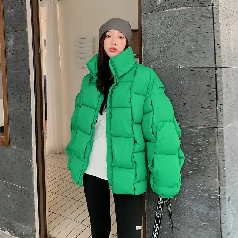 Candy Color Thick Warm Puffer Jacket Women Stand Collar Parka Three-dimensional Weave Square Korean Cotton-padded Jacket New