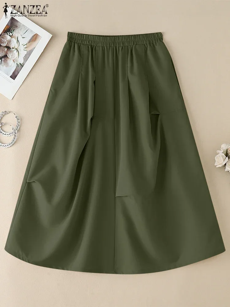 ZANZEA Casual Streetwear Faldas por debajo de la rodilla moda Mujer cintura elástica drapeado Jupes Mujer 2025 verano Color sólido A-line Faldas Mujer