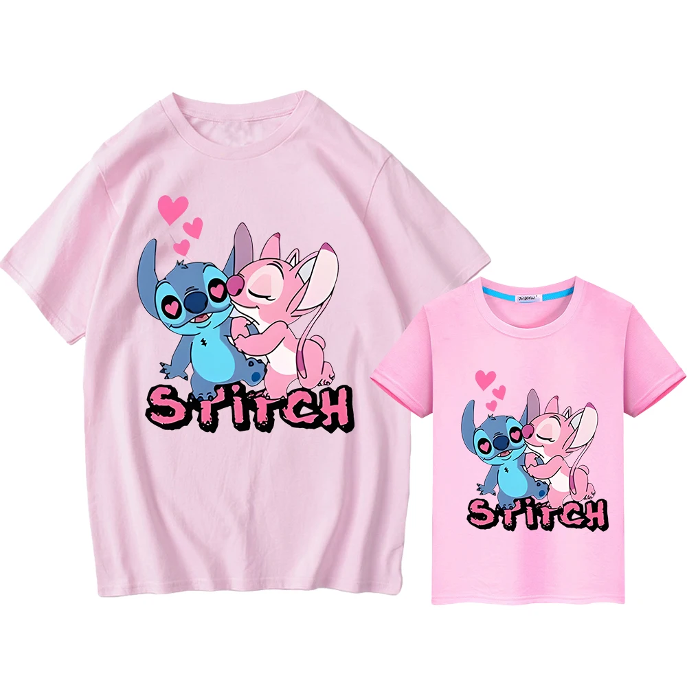 Stitch Disney mom and daughter matching clothes t shirt for kids boy 10years Print 100%Cotton Short Kawaii girls anime Tops y2k