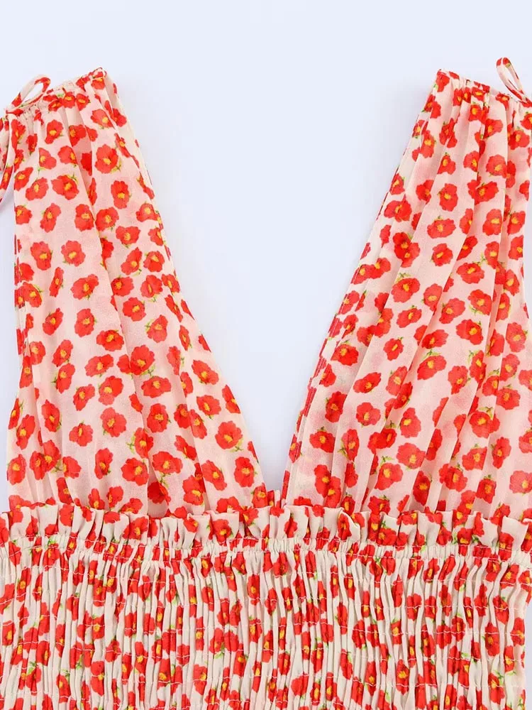 فستان نسائي صيفي قصير بدون أكمام موضة 2025 فساتين شيفون حلوة برقبة على شكل حرف v مطبوعة بفيونكة أنيقة للشارع بخصر مطاطي ملابس #3