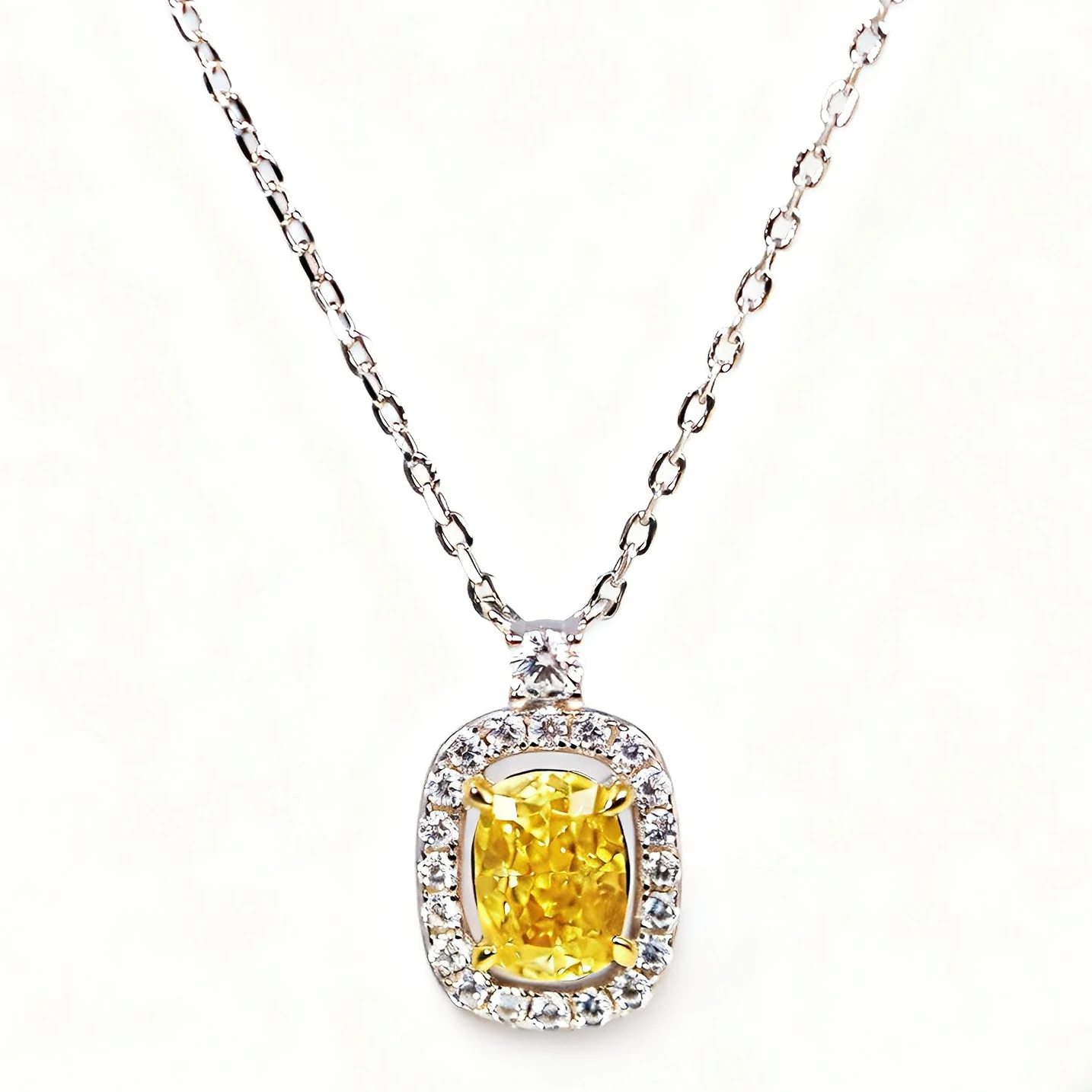 

Thick Rhodium Plated 925 Sterling Silver with Lab-Created imitation Yellow Diamond Necklace – Cushion Cut with Zirconia Halo