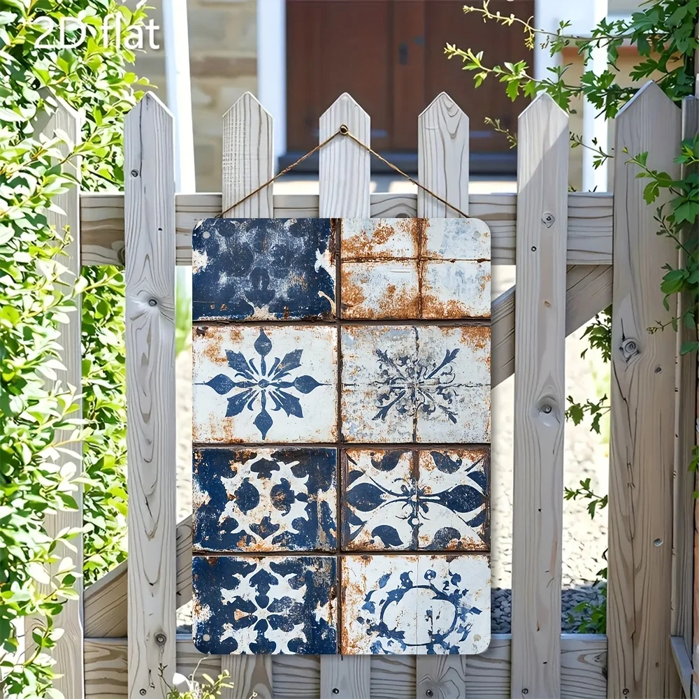 2D Flat, 1pc Vintage Hamptons Navy Blue & White Patchwork Floral Metal Tin Sign Wall Art - Rust-Proof 12x8 Inch (30x20cm) Ret