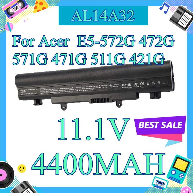 11.1V 4400MAH Replacement Laptop Battery For Acer AL14A32, Fits E5‑572G 472G 571G 471G 511G 421G