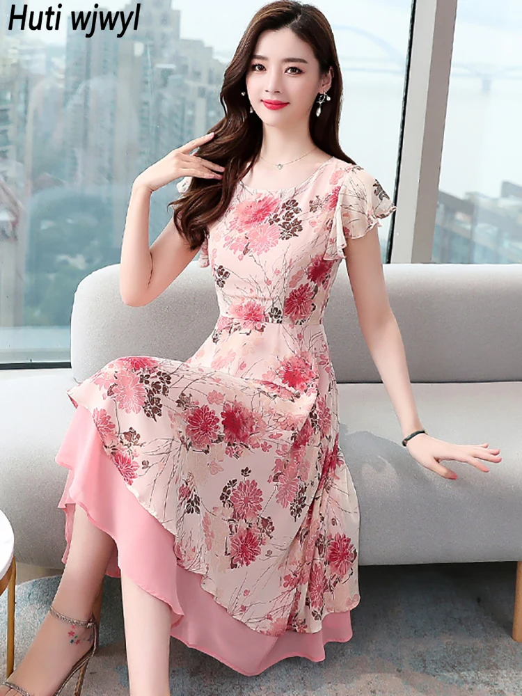 2024 Pink Floral Ruffle Casual Boho Beach Kawaii Sundress Women Chic Sexy Prom Midi Dress Korean Elegant Bodycon Evening Vestido