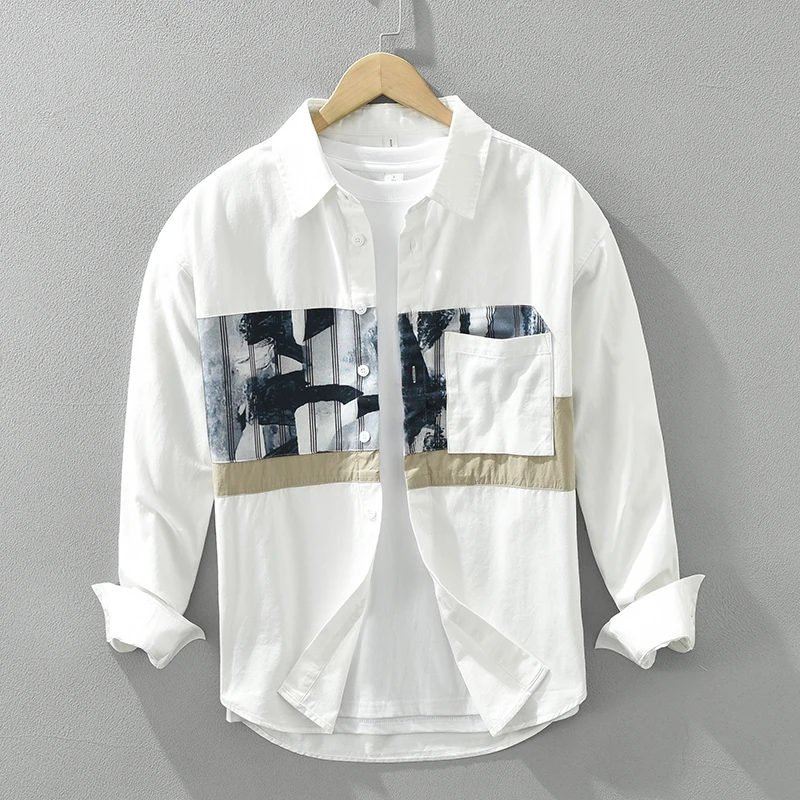 

Fashion Patchwork Shirt for Men Cotton Long Sleeve Loose Casual Versatile Men's Clothing