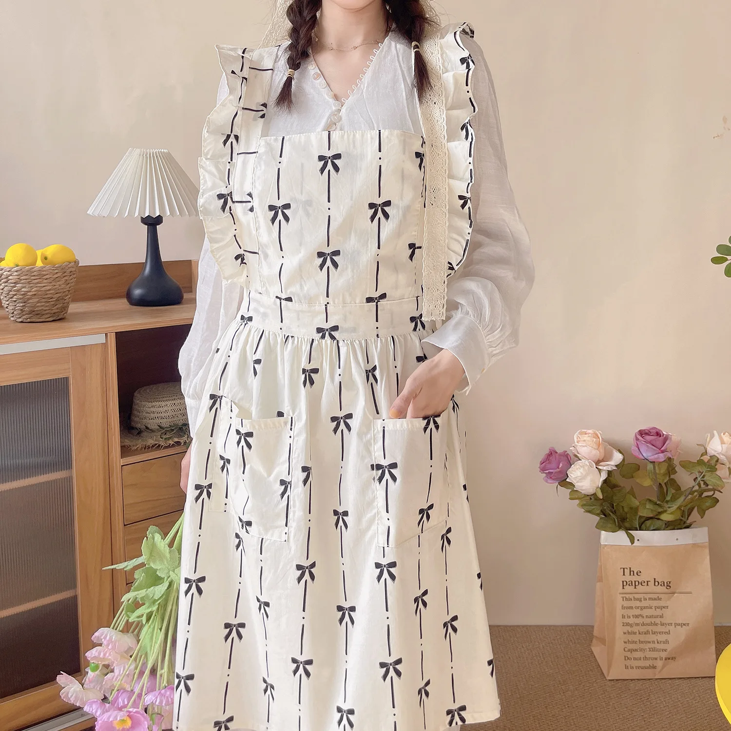 

Хлопковый фартук с цветочным узором для домашней кухни, приготовления пищи, интернет-знаменитостей, красивый и стильный корейский стиль, полностью хлопковый принт