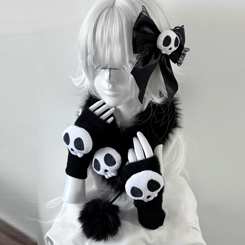 

Women Men Gothic Skull Plush Fluffy Scarf Fingerless Gloves Harajuku Punk Y2K Lolita Girl Cute Skull Bow Lace Hair Clip Top Hat