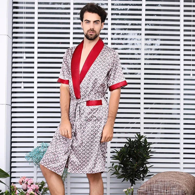 Plus Size 3Xl4Xl5Xl Sleepwear Men Satin Homewear Print Robe Suit Loungewear Male Nightgown 2Pcs Robe&shorts Loose Nightwear