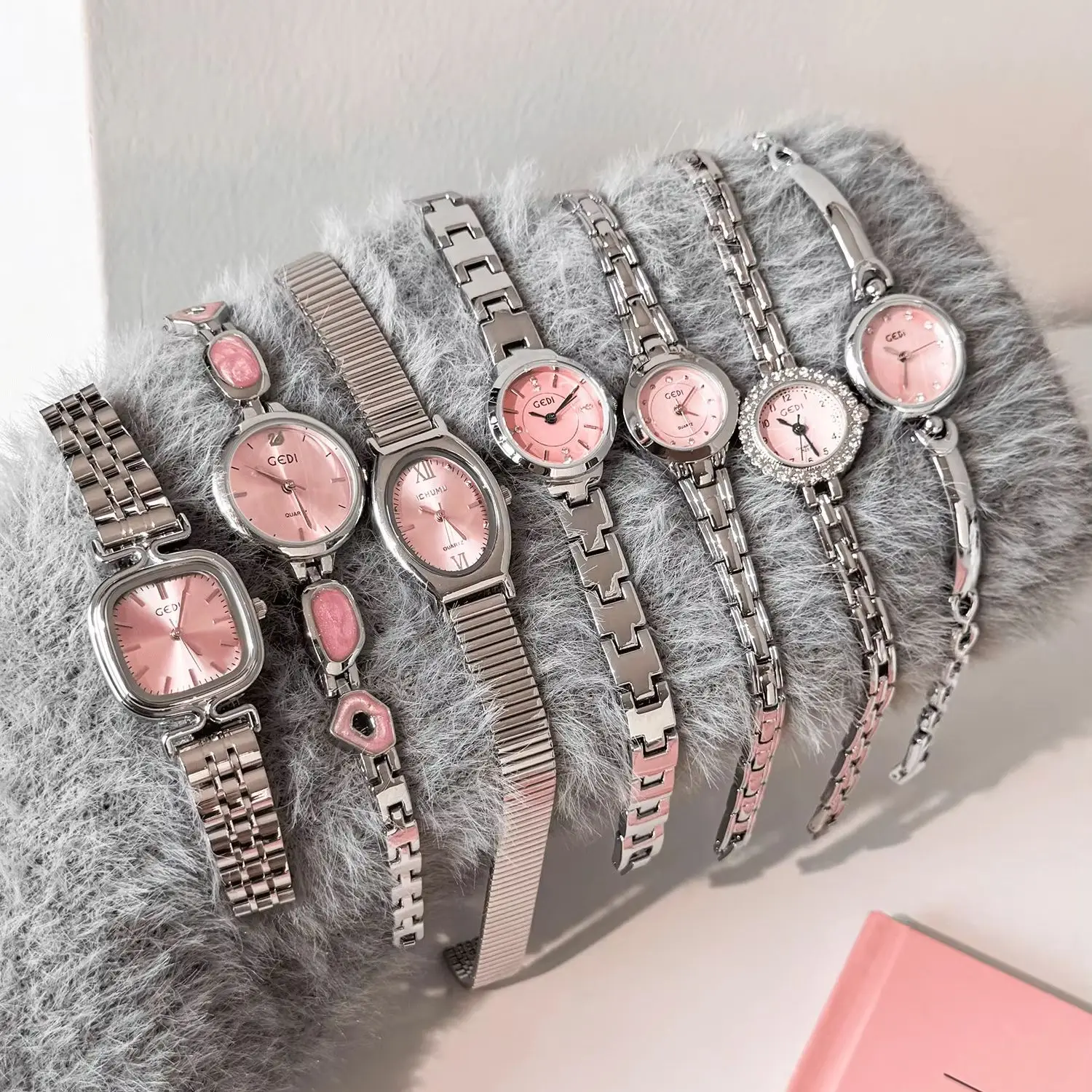 Luxury Elegant Quartz Women Watch Pink Dial Series Stainless Steel Wristwatch Fashion Ladies Wrist Watch Female Clock Gifts