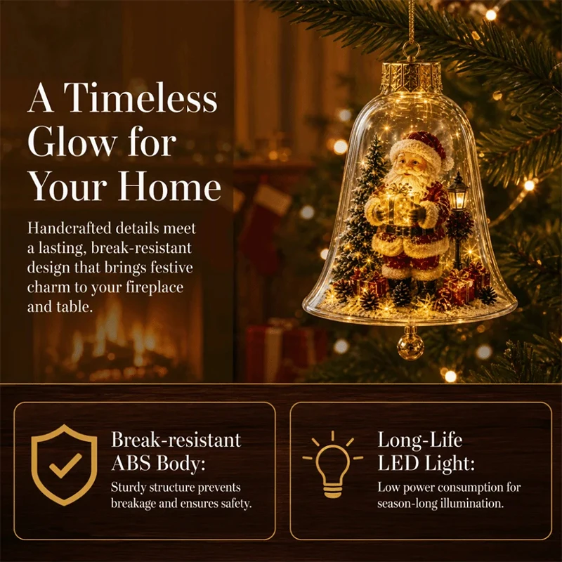Warm Light LED Christmas Bell Pendant Christmas Tree Decoration Transparent Acrylic Cover Glowing Miniature Scene Ornament Gifts