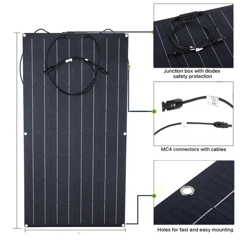 600W 300W Solar Panel Kit 18V Flexible Monocrystalline Solar Cells Power Charger for Outdoor Camping Yacht Motorhome Car RV Boat