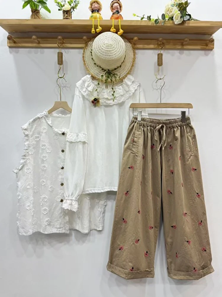 새로운 2025 여름 코튼 스트레이트 바지, 여성 탄성 허리 자수, 모리 걸 다목적 캐주얼 INS 루즈 한 바지 B54022CC