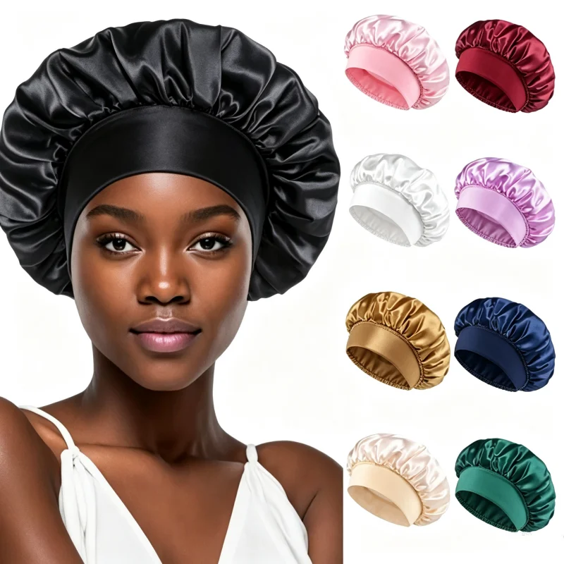 New Arrival Silky Satin Wide Brim Nightcap Elastic Soft Band Sleep Bonnet Hair Wrap Comfort Sleeping Cap Hair Wrapping Tool