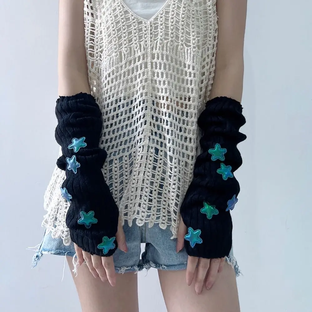 Cute Solid Color Star Knitted Gloves Gothic Y2k Arm Warmers Hand Sleeve Lolita Style Fingerless Gloves Streetwear