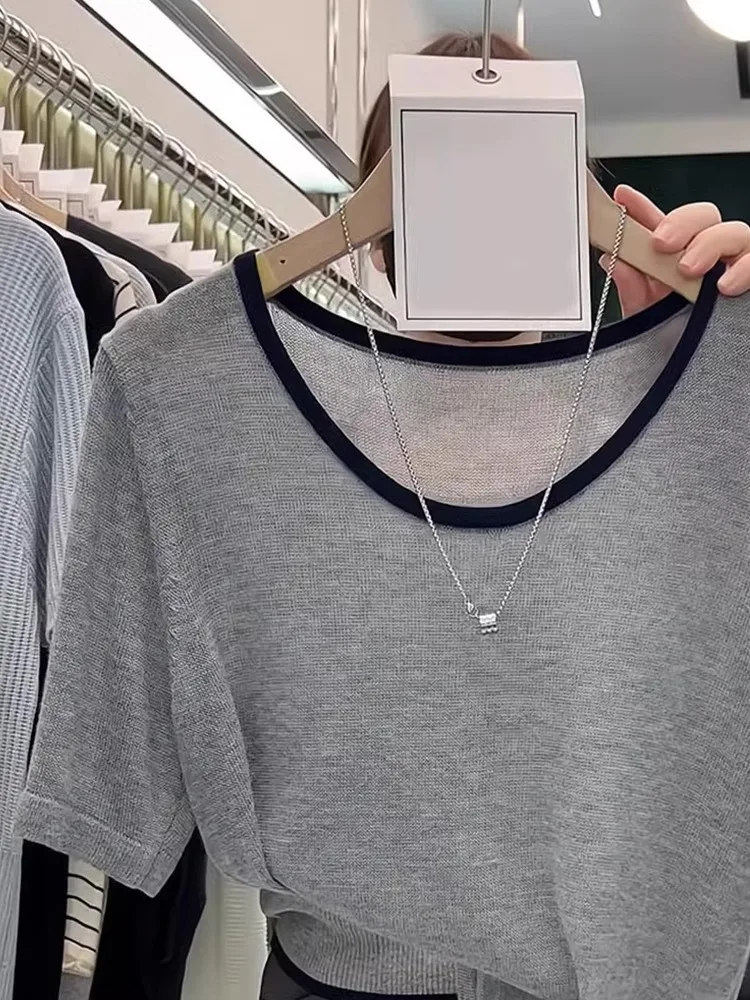 Faionable Korean Sle Ice Silk Knitted ort Sve round Ne Color Blo Top Commute Friendly Summer T-irt Women's Kni...