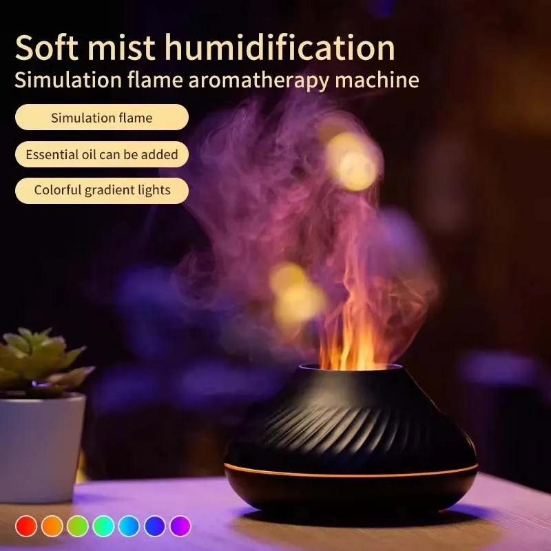 2024 Best Selling Volcano Flame Aroma Diffuser Essential Oil 130ml Scent Diffuser Fire Humidifier with Color Night Light