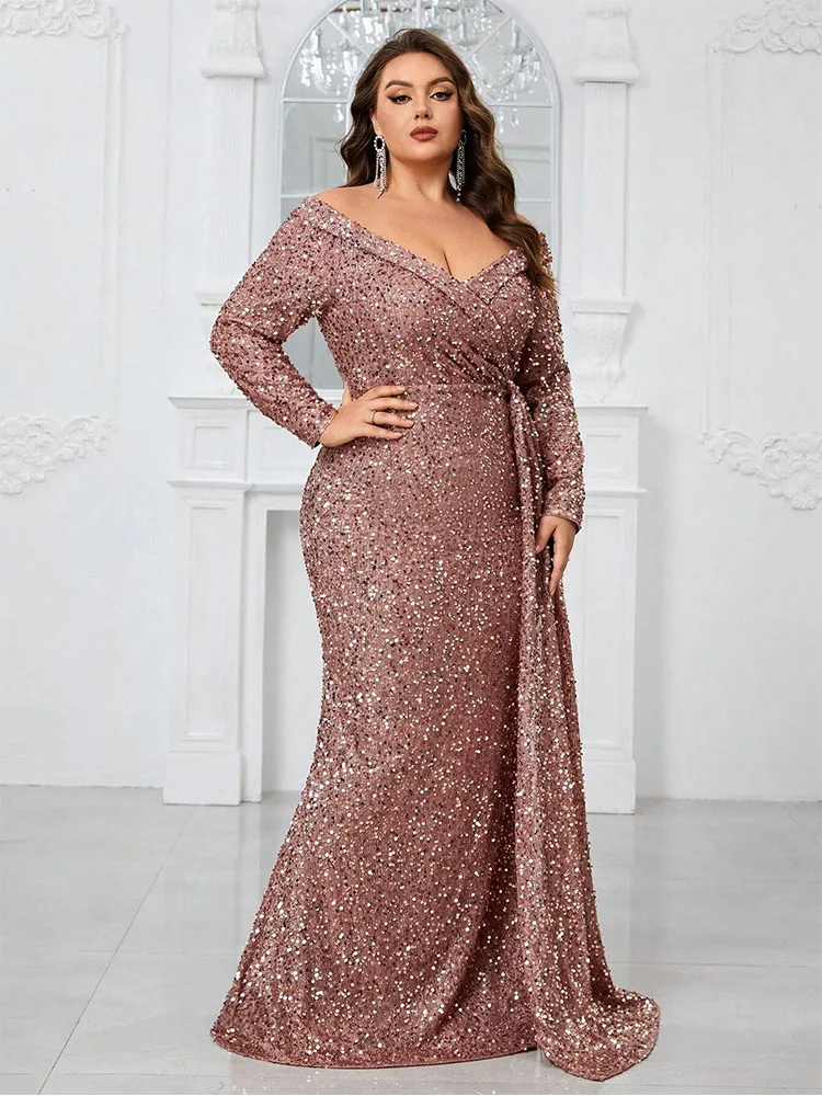 S-7xl Apricot Pink Sequined Off-Shoulder Floor-Length Evening Dress Plus Size Wedding Banquet Sequined Evening Dress For Women