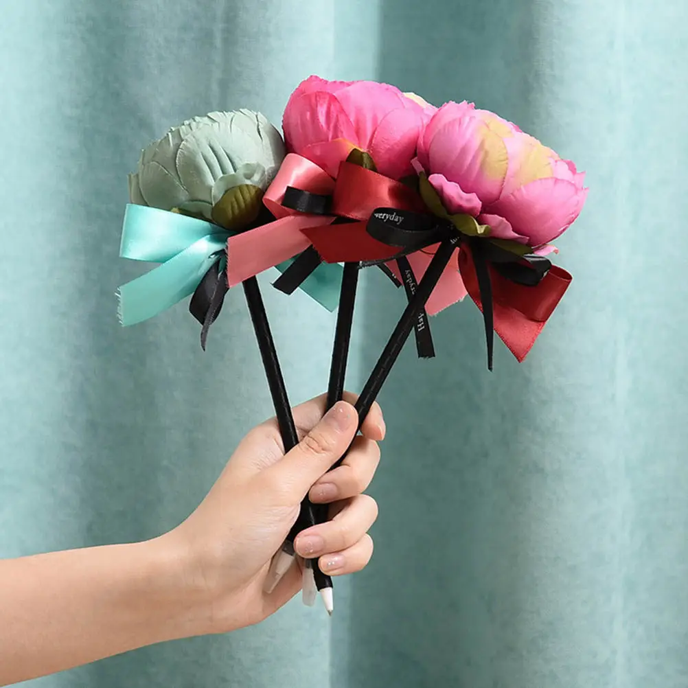 5Pcs Flower Ballpoint Pens Featuring Realistic Peony Blooms on Cap Twisted Ribbon Body Stylish Creative Novelty Pens for School