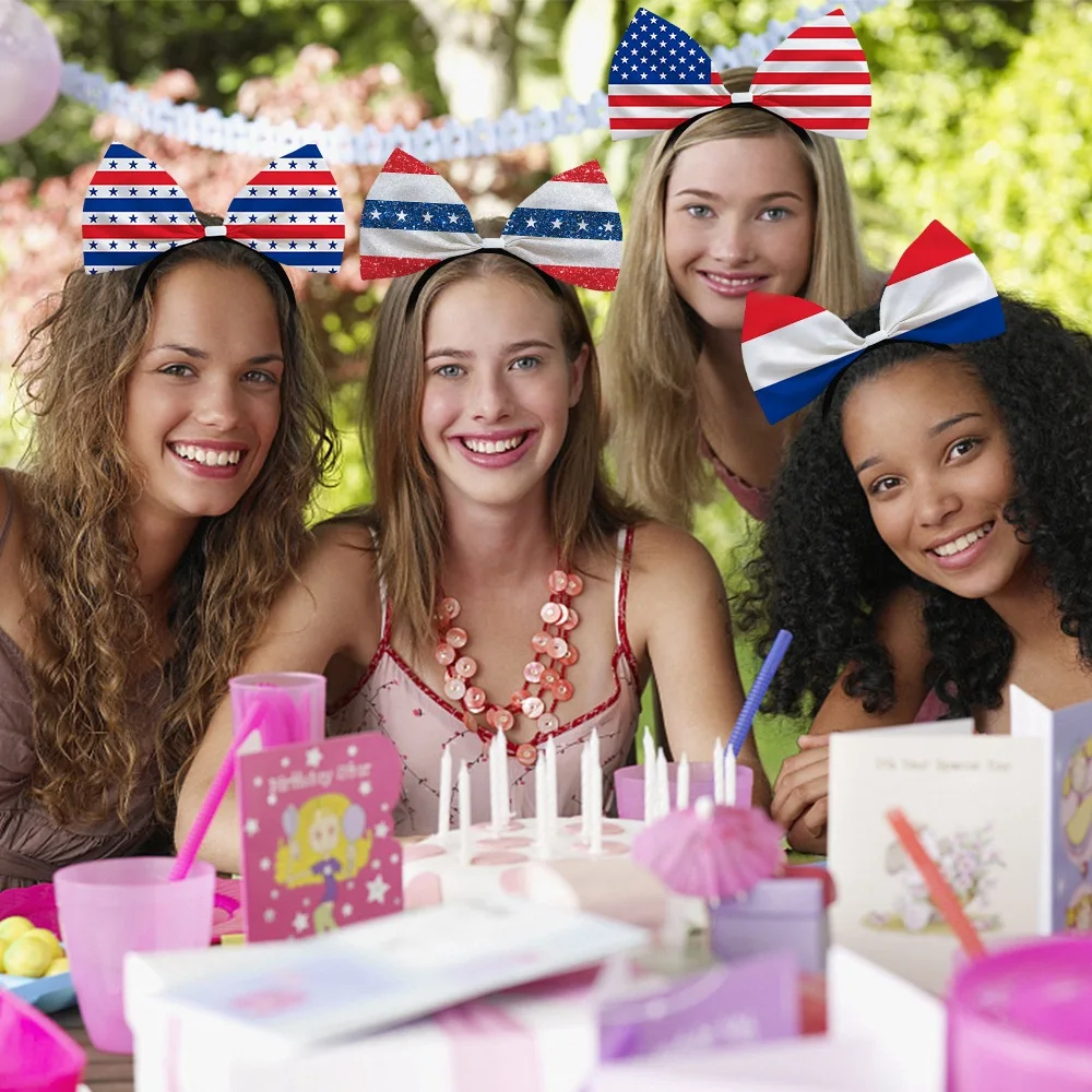 

Патриотическая повязка на голову с бантом, легкая повязка на голову ко Дню независимости, повязка на голову со звездным узором, блестящая, для Дня ветеранов, политических митингов