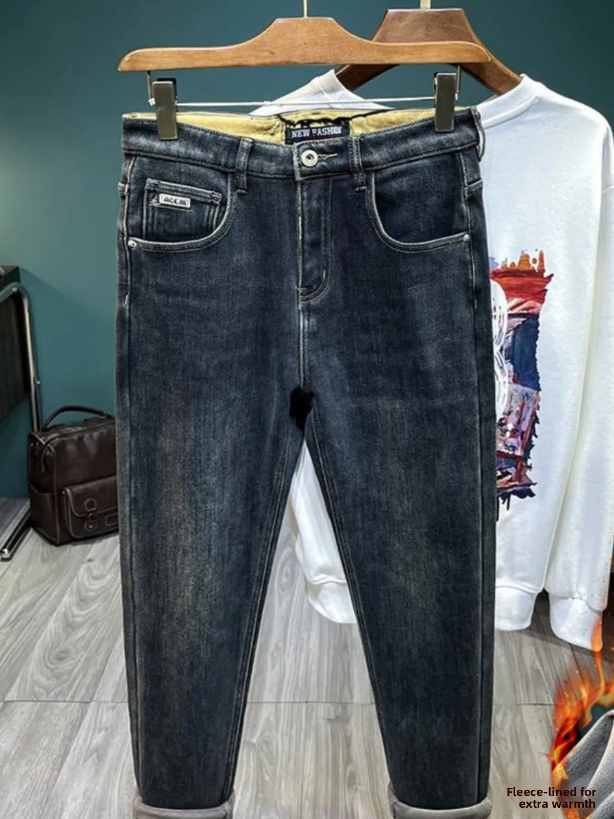 

Winter Thickened Fleece Lined Slim Fit Casual Straight Leg Jeans Men's Soft Warm Stretchy High Waist Long Trousers