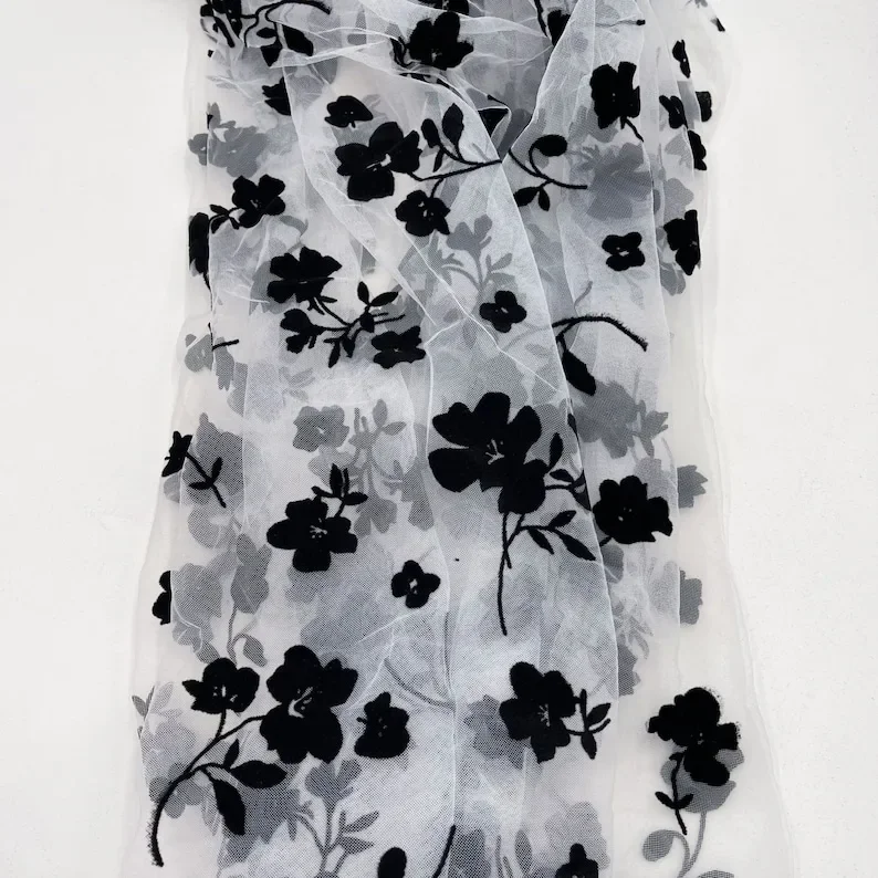 6 colori fiore nero floccaggio tessuto di pizzo floccato maglia morbida tulle per abito da sposa velo da sposa vestito tutu larghezza 51 "