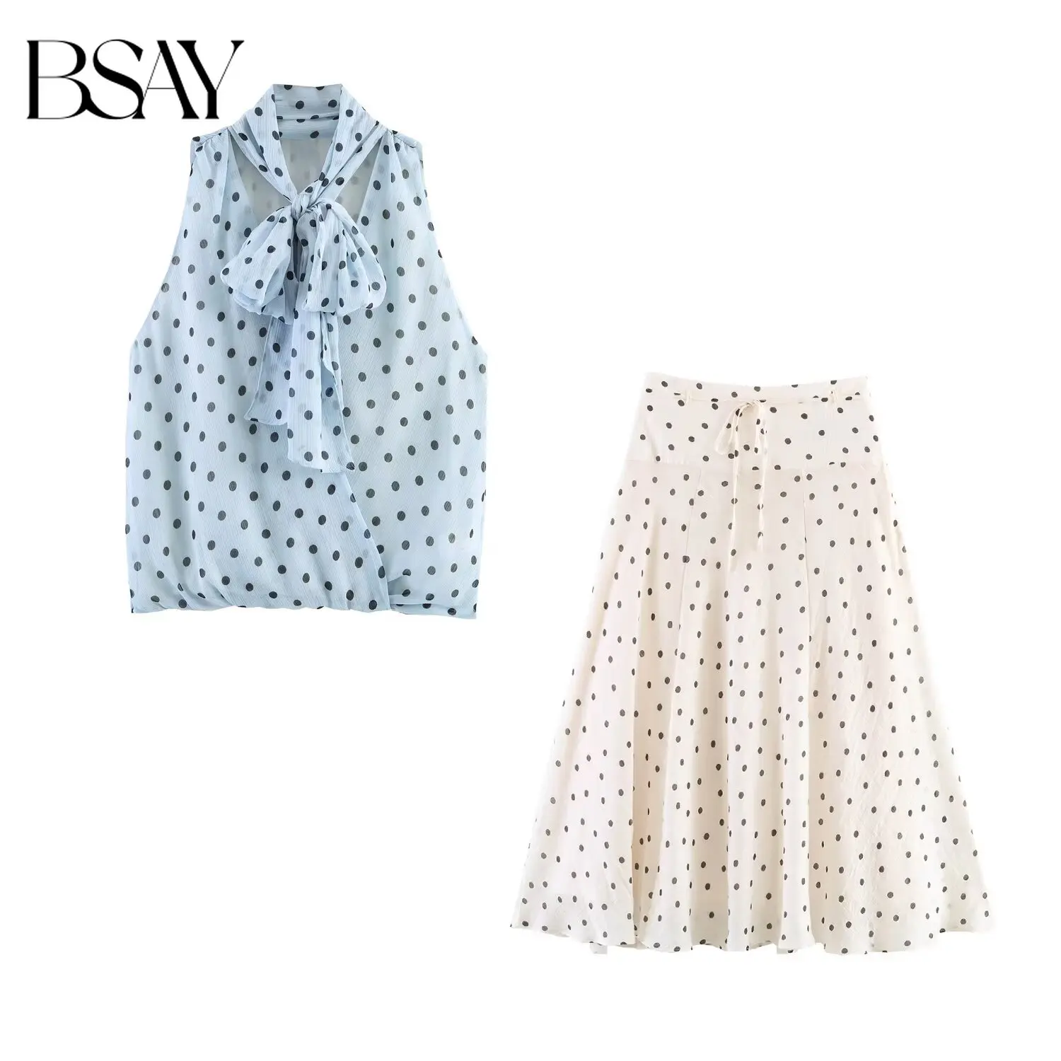 BSAY Summer New Women's Polka Dot 2-Piece Outfit  Sleeveless Bow Tie Top with High Waist A-Line Midi Skirt  Casual Vacation Set