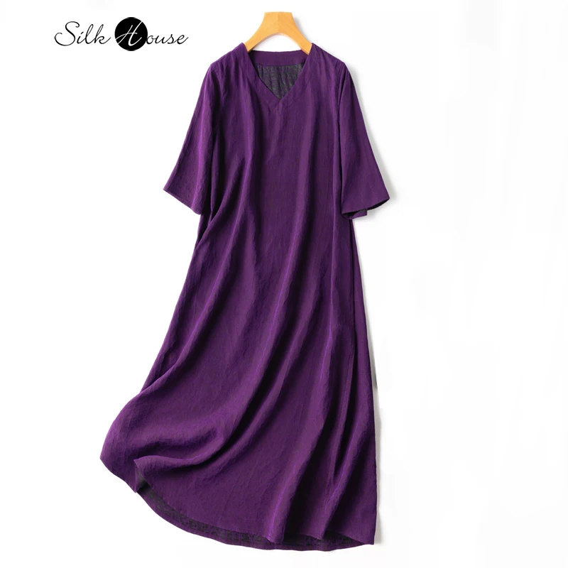 2023 Early Autumn New Old Material Wearing Purple Turtle Cracked Fragrant Cloud Gauze Silk Loose Dress Robe on Both Sides