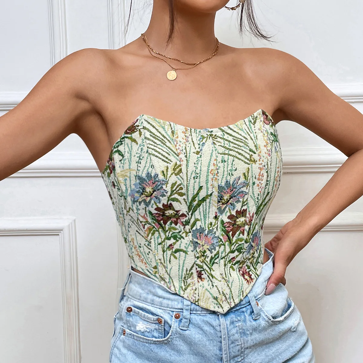 Y2k Floral Embroidery Corset Crop Top Back Strap Summer Vintage Slim Tube Tops Women Sexy Fashion Casual Clothes Camis Clubwear