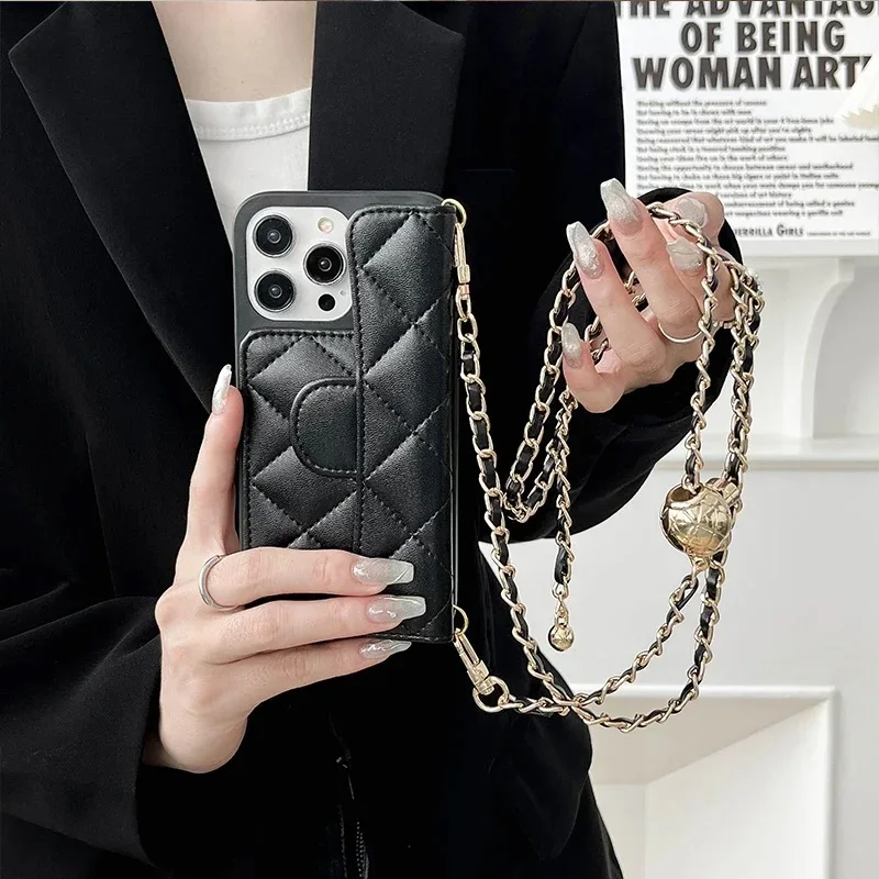 For iPhone 12 13 14 pro 15plus 16 ProMax with Chain Luxury Crossbody Adjustable Leather Strap Retro Wallet Card Bag Rhombus Case