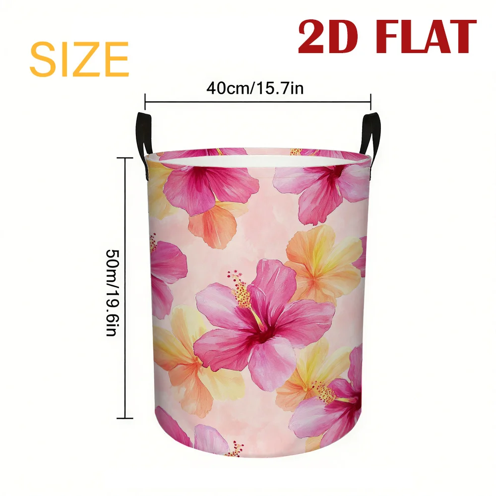 Round Dirty Laundry Basket, Light Yellow Hibiscus Pattern, Organizing Basket Suitable for Storing Clothes/Books