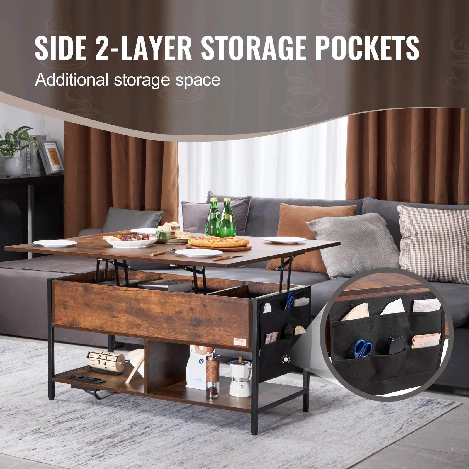 VEVOR Lift Top Coffee Table, 39.4 in Rectangle Coffee Table with Extra Storage Pockets,Flipable Coffee Table w/Power Strip & USB