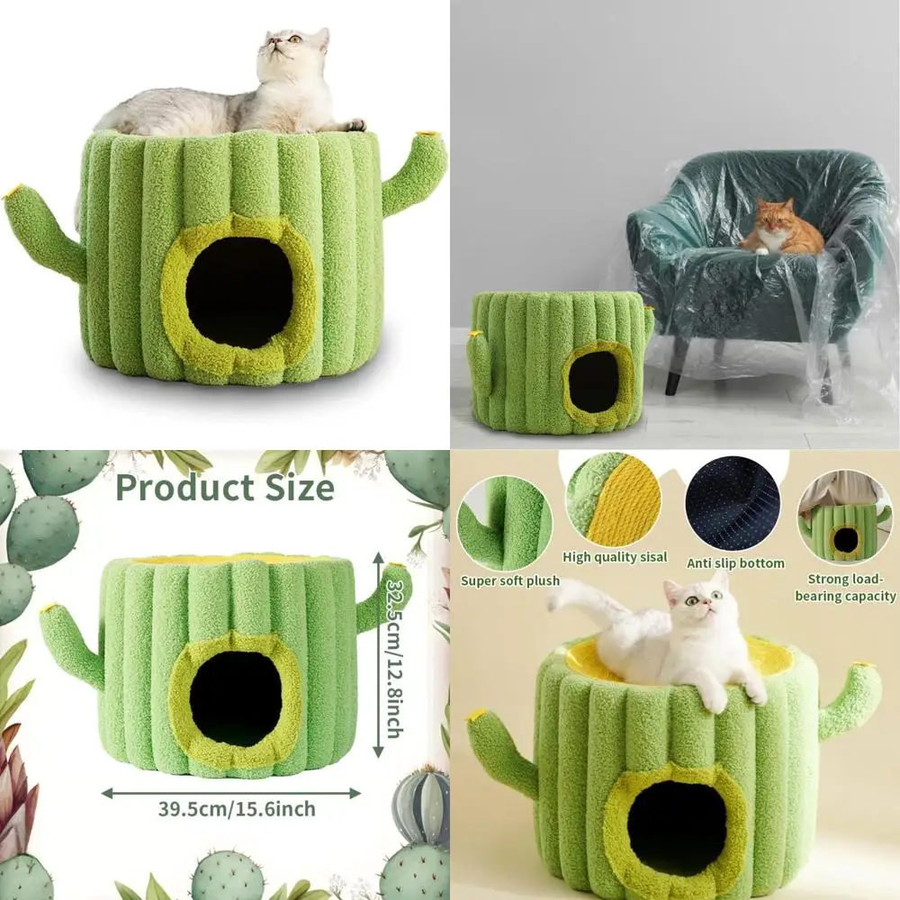 

indoor cozy cat bed with scratching post, cactus, duck bed, and cave-style shelter for cats and small dogs