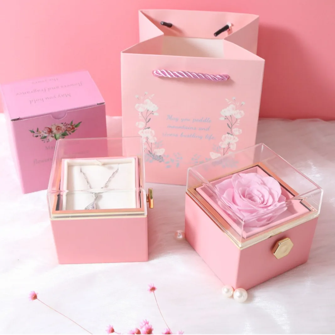 New Valentine Rose Jewelry 2024 Ring Box Rotate Wedding Pendant Necklace Storage Case for Women Girlfriend Gift Box