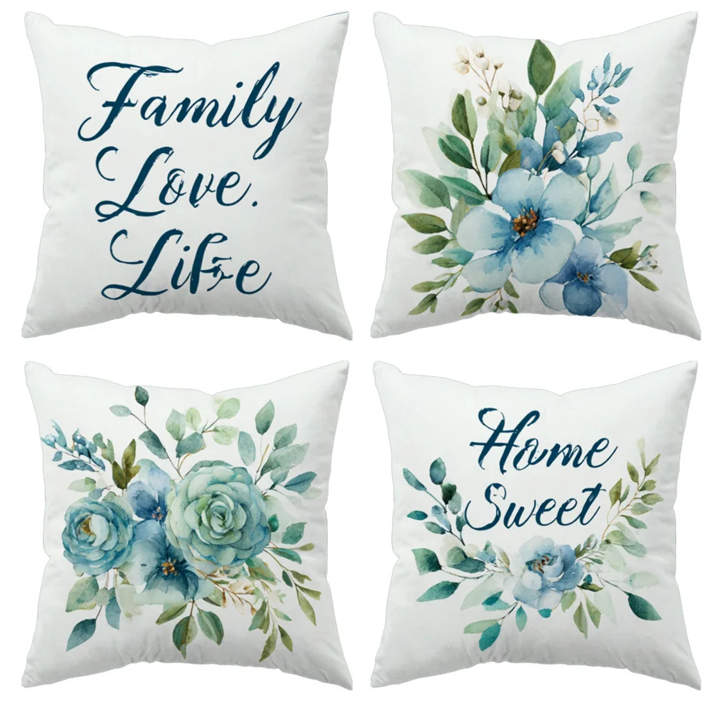 4 Piece Decorative Pillow Covers Set Perfect For Home Decor And Bedding Featuring Charming Watercolor Blue Floral Design And