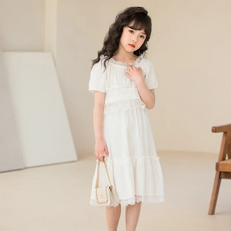 2024 Korean Summer School Girl Jacquard Lace Dress Suit Teenager Girl Ruffle Elastic Waist Tops+Skirt Set For Girls 4-15Yrs