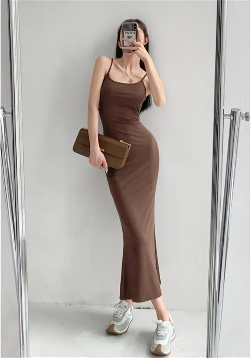 

Sexy Girl Style High Waist Slim Suspender Dress Korean Women's Dress Long Style Solid Color Casual Sleeveless Dress Y2k