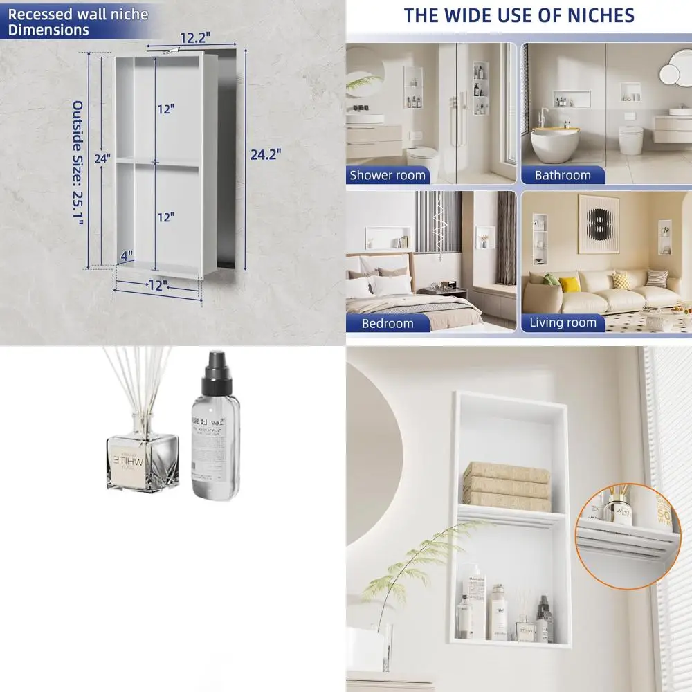 

Stainless Steel Recessed Shower Niche - Waterproof 2-Tier Bathroom Shelf, White, 24x12 Inches (Set of 2)