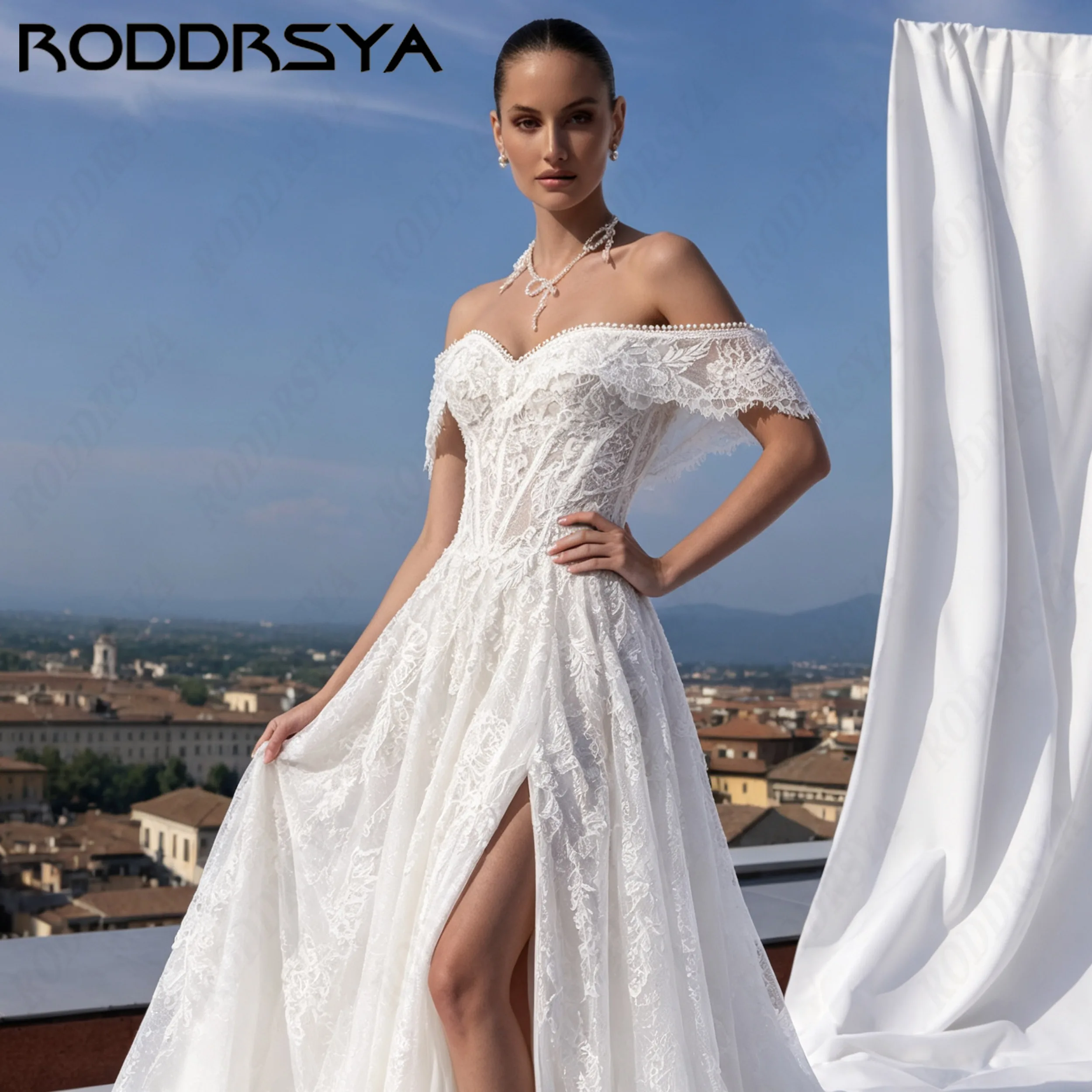 RODDRSYA Tulle Off the shoulder Wedding Dress High side slit Bride Dresses Sweetheart Bridal Gown Customized Lace Appliques
