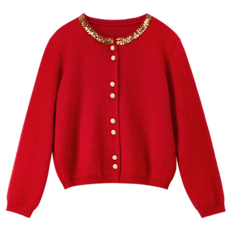 SENTUBILA Cardigan casual da donna 2025 Autunno monopetto con paillettes maglioni tinta unita manica lunga top in maglia femminile W54EB3954