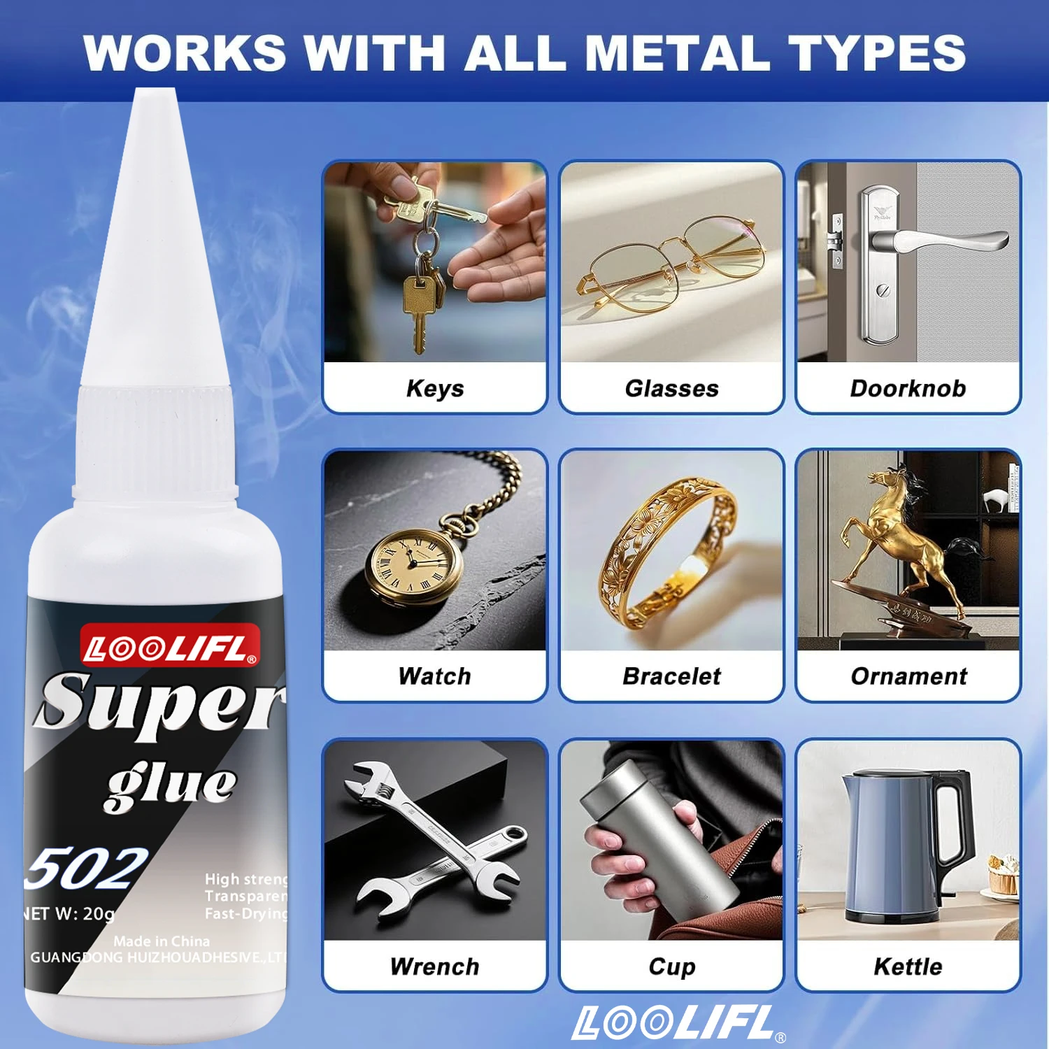 20g 502 Super Glue Instant Cyanoacrylate Adhesive High Strength Fast Drying for Metal Wood Plastic Ceramic Glass DIY Home Repair
