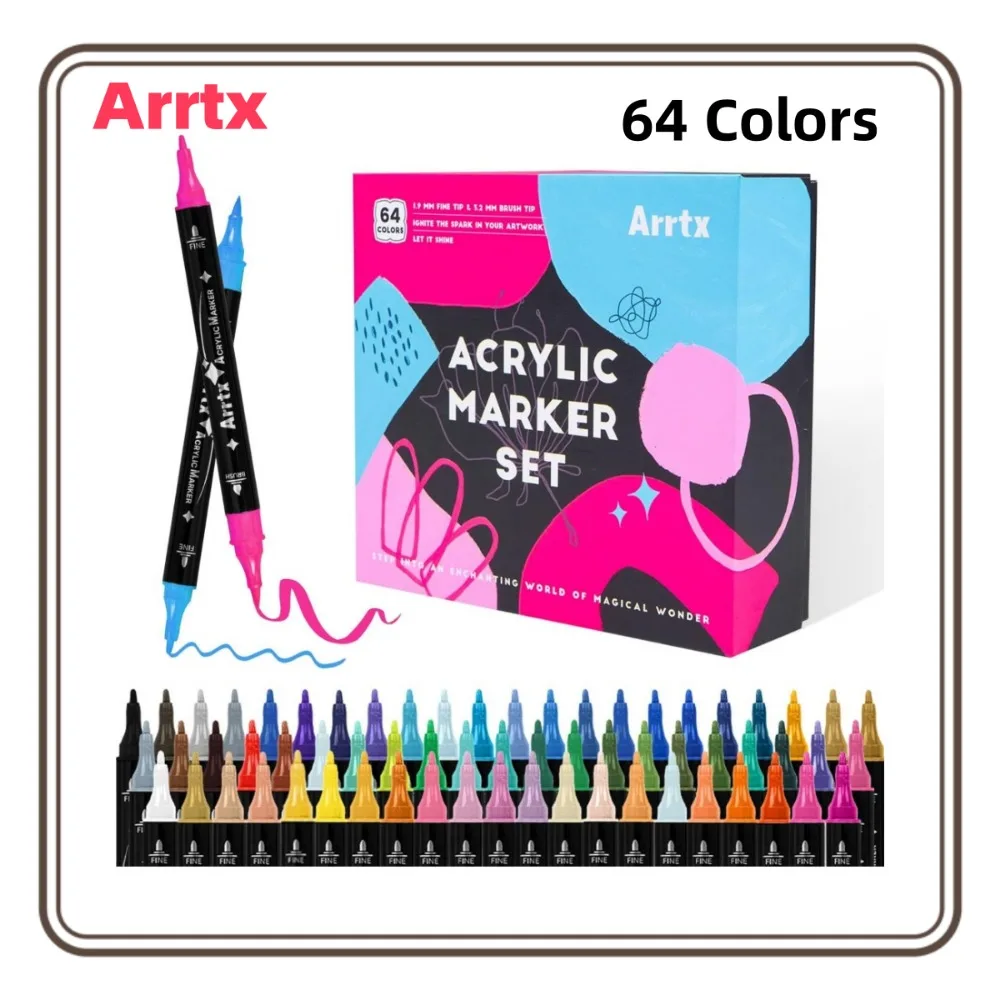 Arrtx 64 Colors Acrylic Marker for Rock Painting Dual-Tip Paint Markers Fabric Paint Paint Pen Art Markers Waterproof DIY Crafts