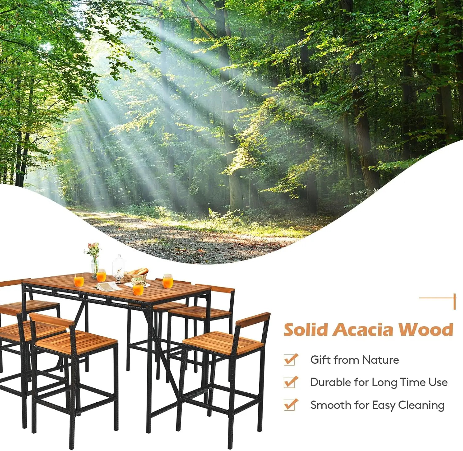 7-Piece Outdoor Acacia Wood Bar Set, Patiojoy Outdoor Rattan High-Dining 6 Bar Stools and 1 Rectangular Table with Umbrella Hole