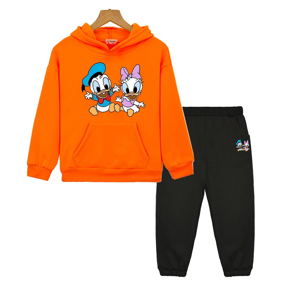 

Donald Duck anime hoodie Fleece Sweatshirt 2pcs pullover+Pants Disney boys girls Casual Hooded Spors Sets kids boutique clothes