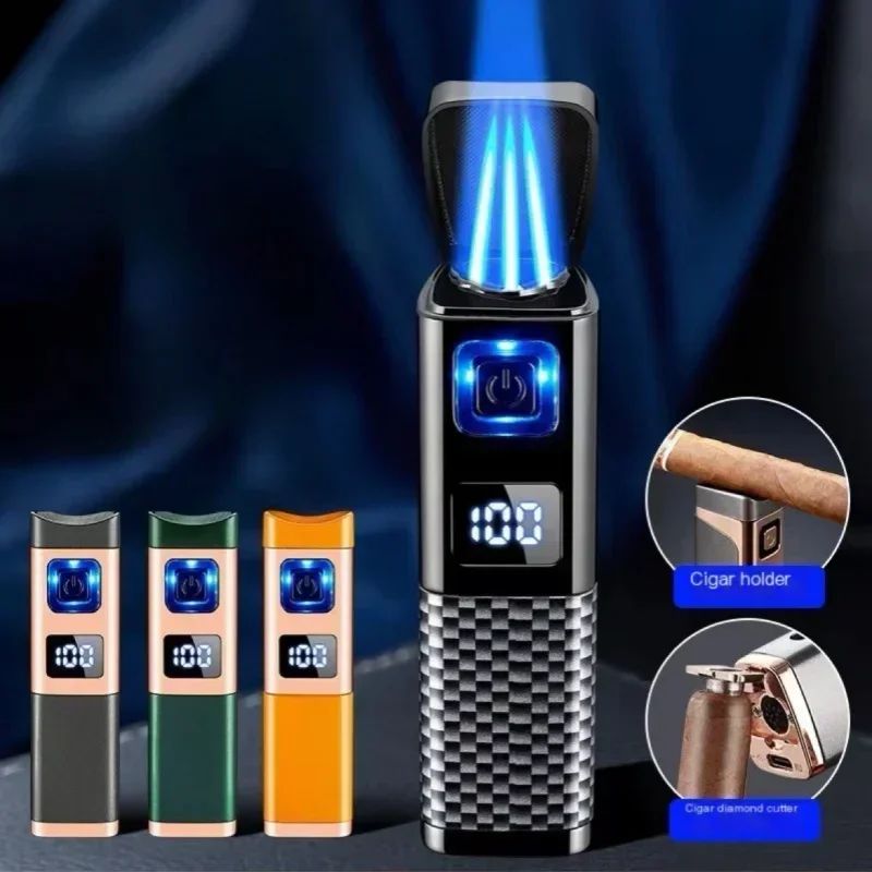 Three Flame Windproof Cigar Lighter 2024 Multifunctional Visual Gas Window Digital Battery Display Gas Type C Electric Lighter
