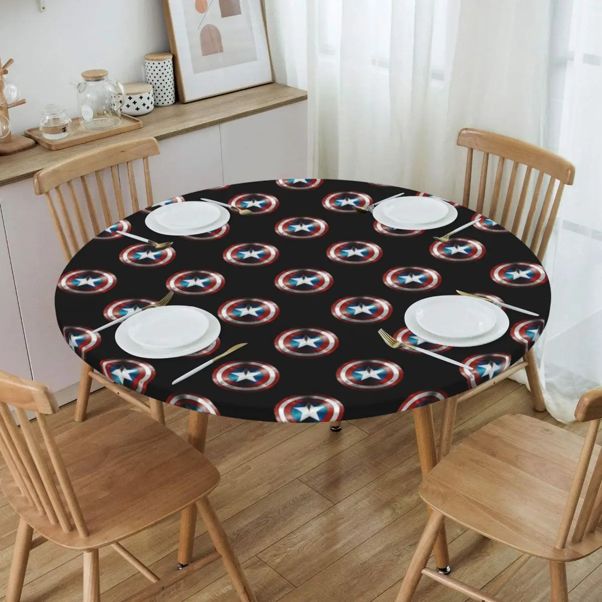 

Customized Round Fitted Captain America Shield Distressed Table Cloth Waterproof Tablecloth Table Cover Backed with Elastic Edge