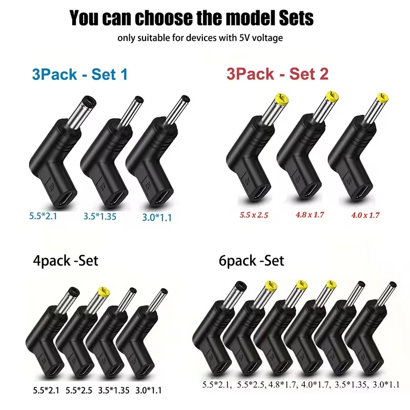 3/4/6 Pack USB 3.1 Type C Female to DC Male Adapter, 5V USB-C Connector 90 Degree Angled USB C to DC 5V PD Emulator Trigger Char