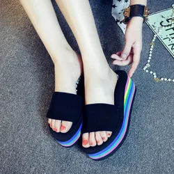 Women Platform Beach Slippers Fashion Rainbow Soled Muffin Slippers Fashion Sweet Casual High Heels Women Outdoor Summer Sandals